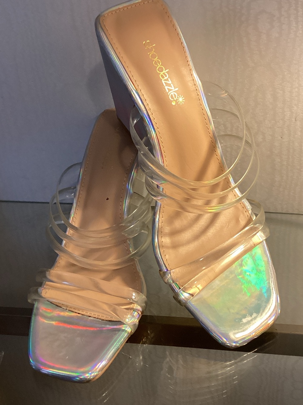 Shoe Dazzle Iridescent Clear Triple-Strap Slide Heels SZ 9.5 $25